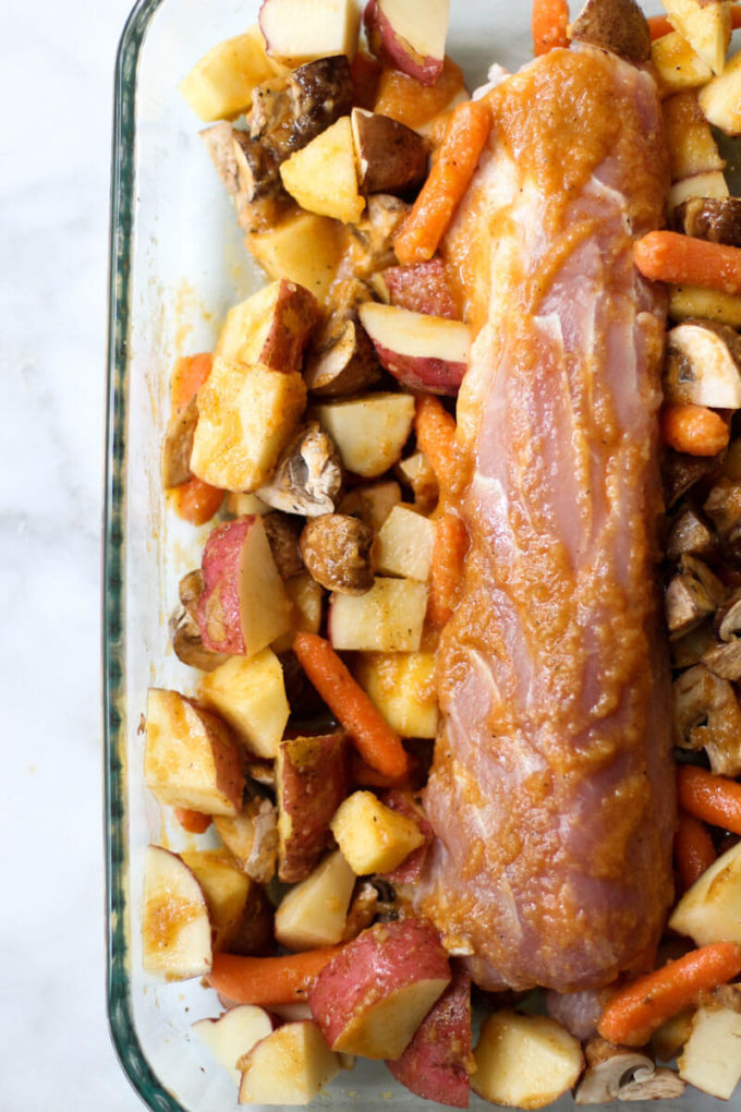 This Pork Loin with Apples, Potatoes, and Carrots can be made in one pan which makes for a quick and delicious weeknight meal!