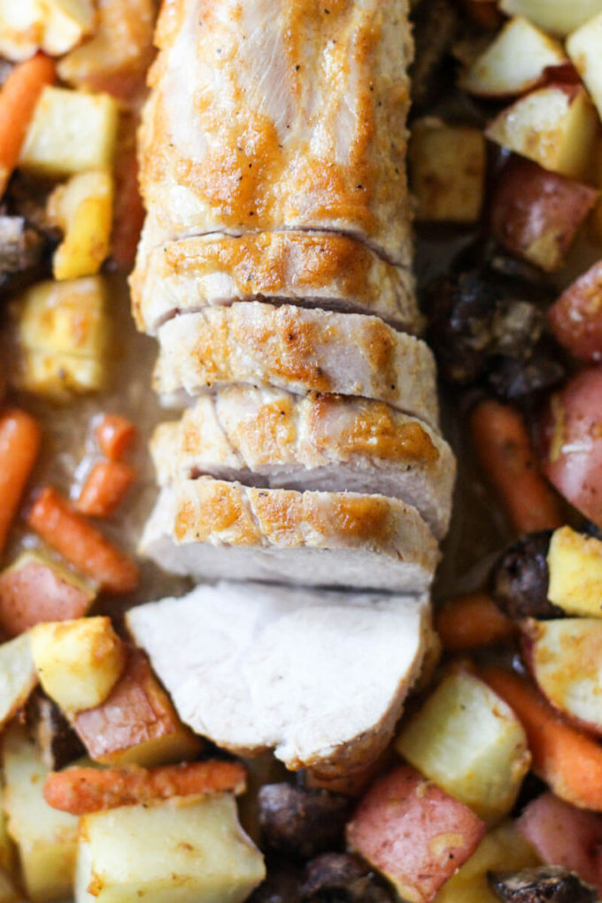 This Pork Loin with Apples, Potatoes, and Carrots can be made in one pan which makes for a quick and delicious weeknight meal!