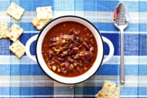 Southwestern style chili cooked in a crock pot or slow cooker