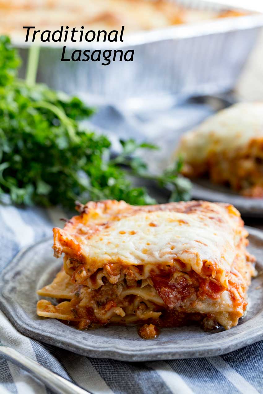 A traditional lasagna recipe full of meat, cheese, and mushrooms