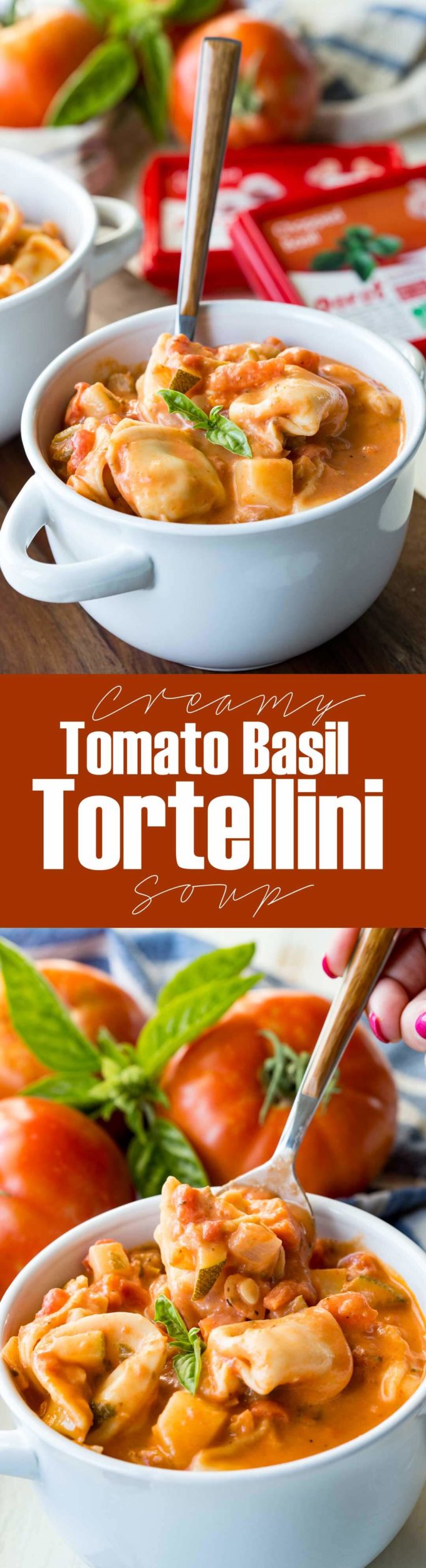 I made this for dinner and we licked the pot clean. Creamy Tomato Basil Tortellini Soup packed with veggies. #ad