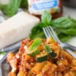 Skillet ziti with spicy sausage and zucchini, an easy and flavorful dinner!