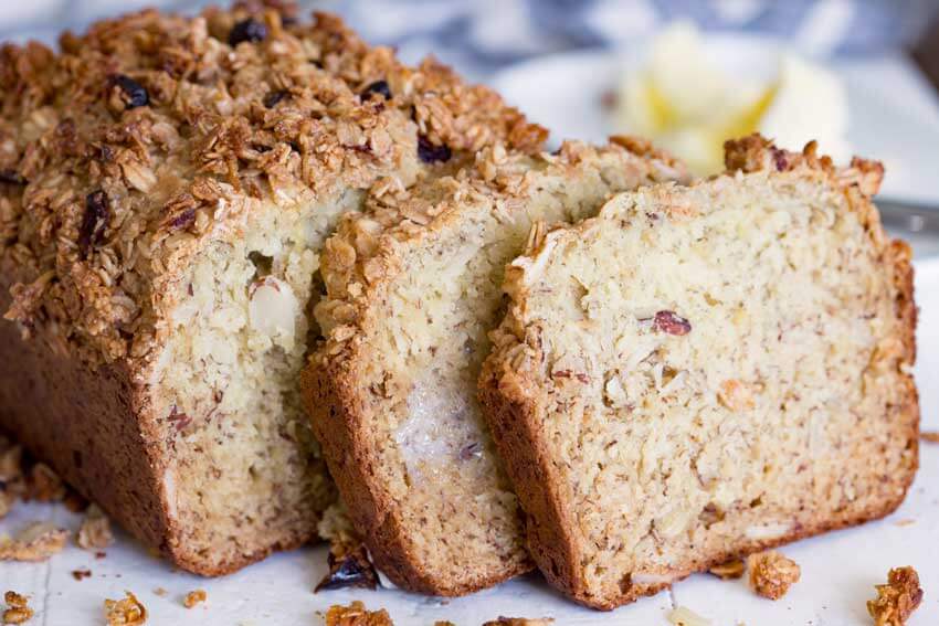 Cranberry almond granola topped banana bread