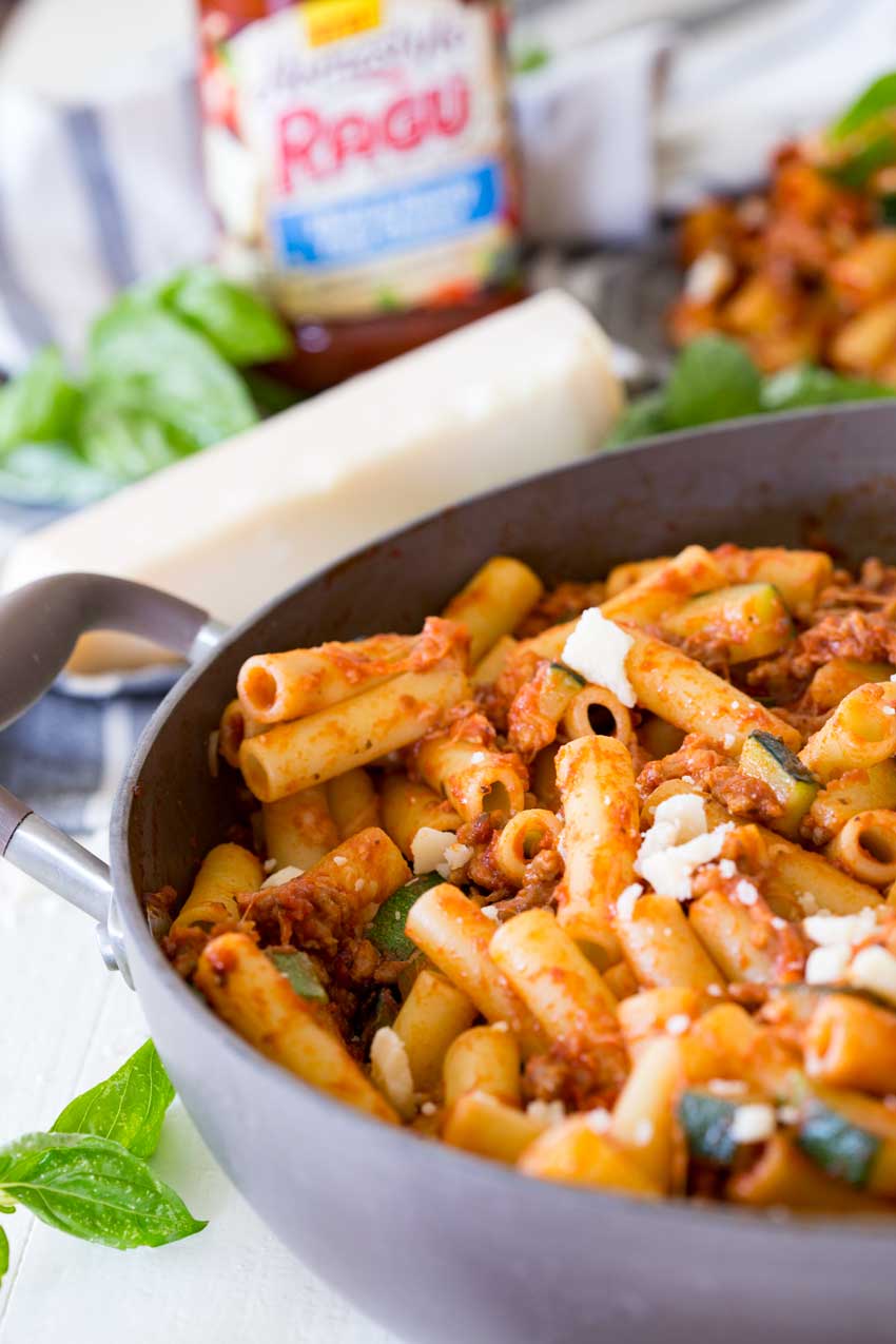 spicy sausage and zucchini skillet ziti, the perfect weeknight meal, turn it into a freezer meal for later