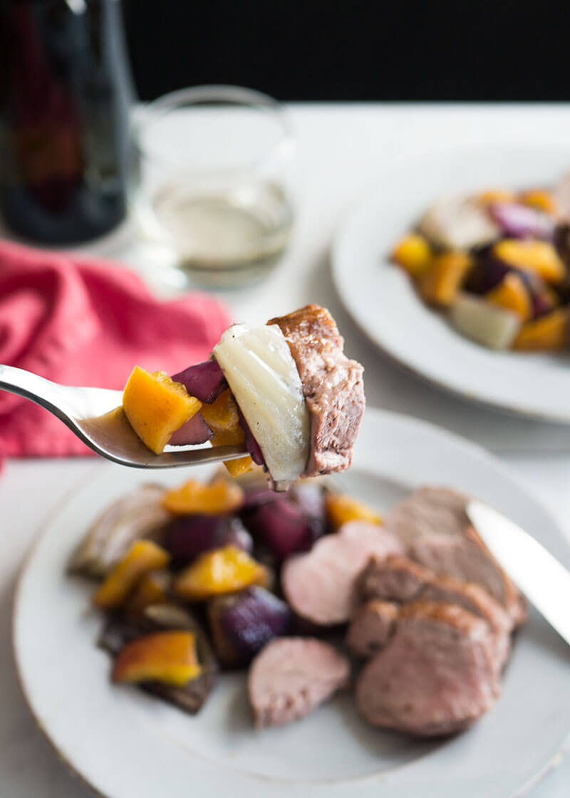 Make your weeknights easier with this healthy, one-skillet pork tenderloin recipe with peaches, fennel and red onion.