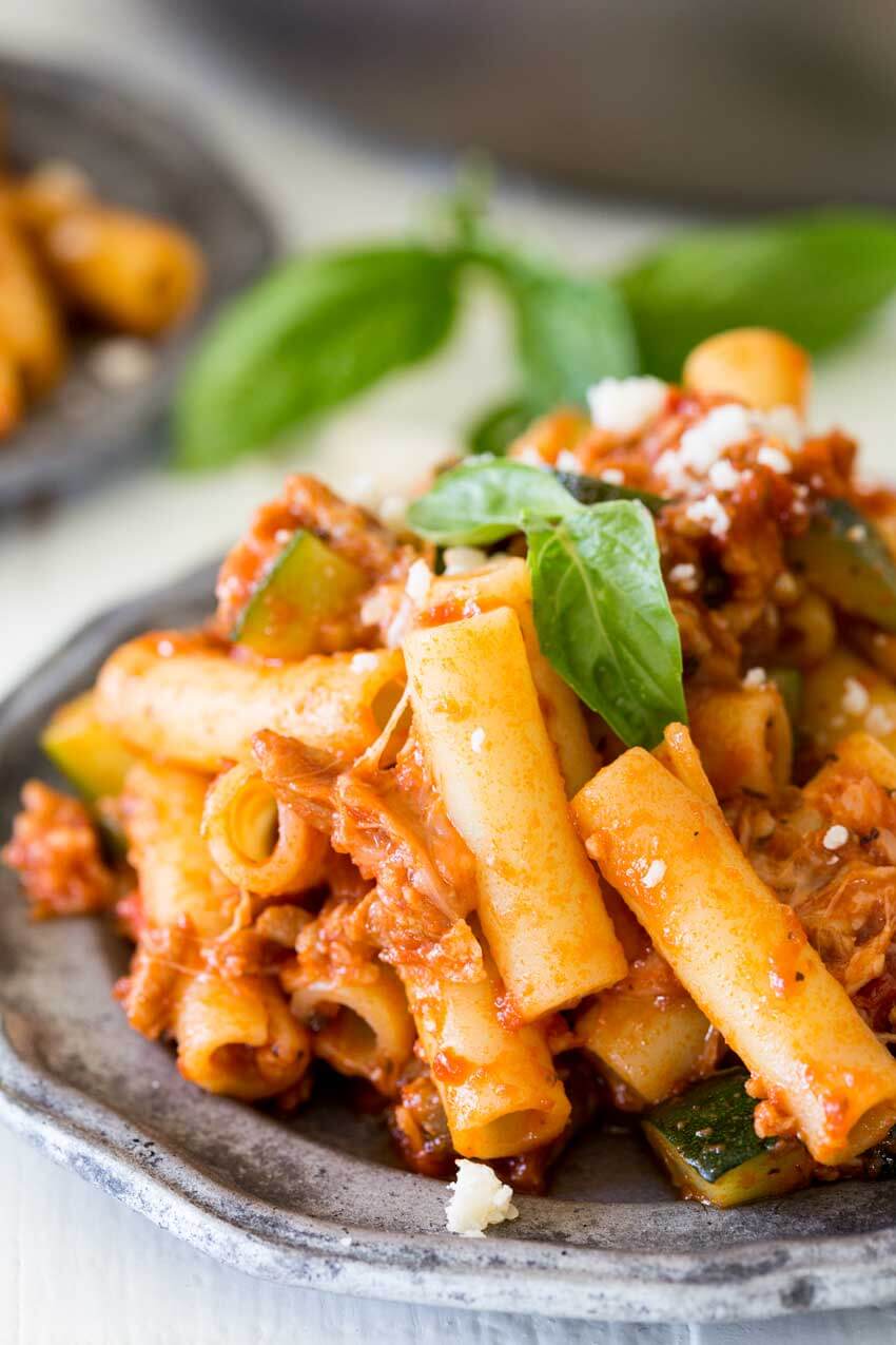 ziti, a fabulous dinner for the whole family, make extra for a freezer meal, spicy sausage and zucchini skillet ziti 