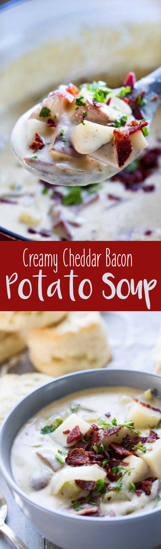 Creamy Cheddar Bacon Potato Soup is perfect for chilly Fall weather. #ad #VoteWrightBrandBacon