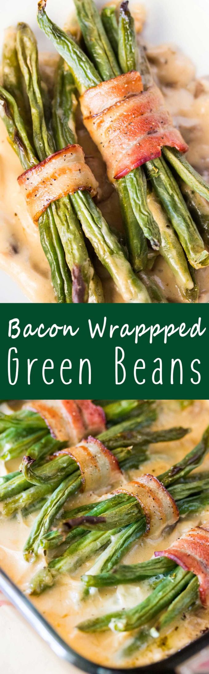 Bacon Wrapped Green Beans: Features tender green beans that are wrapped in bacon and baked atop a creamy delicious mushroom sauce. Umm good!