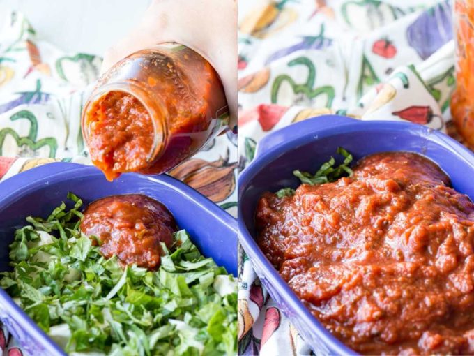 Add ing sauce to the caprese baked cheese dip