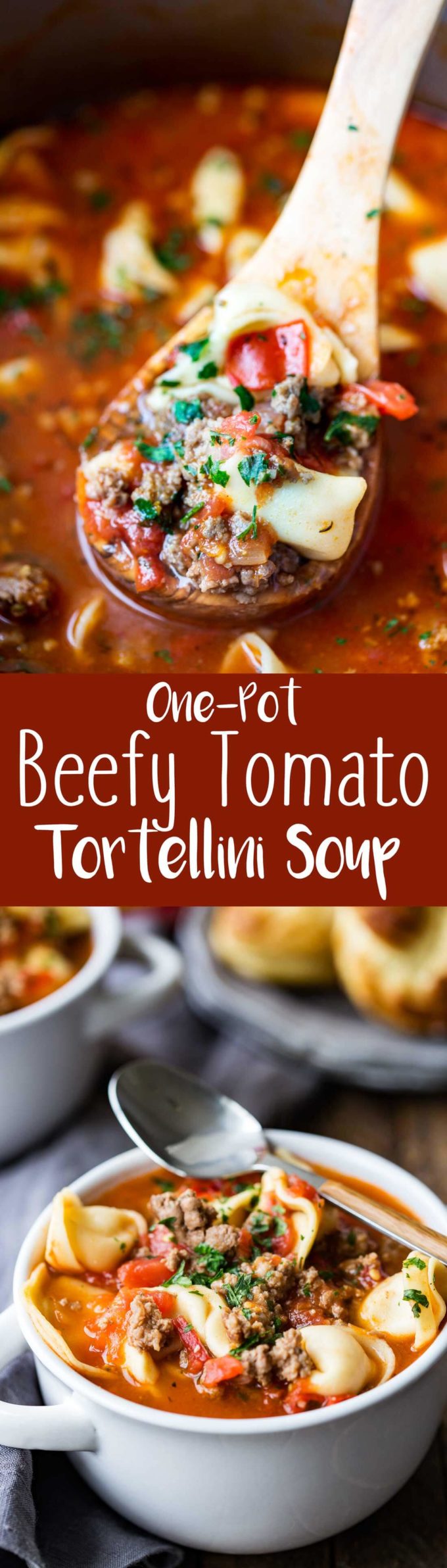 Hearty, beefy, tomato tortellini soup is the ideal comfort soup this winter! 