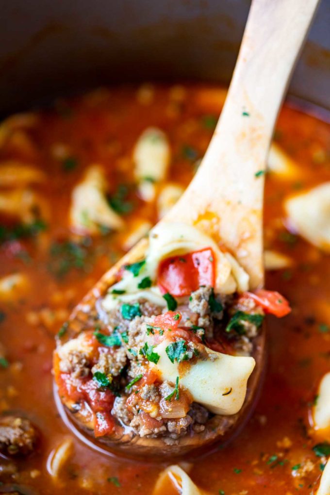 Hearty, beefy, tomato tortellini soup you won't be able to get enough of. 