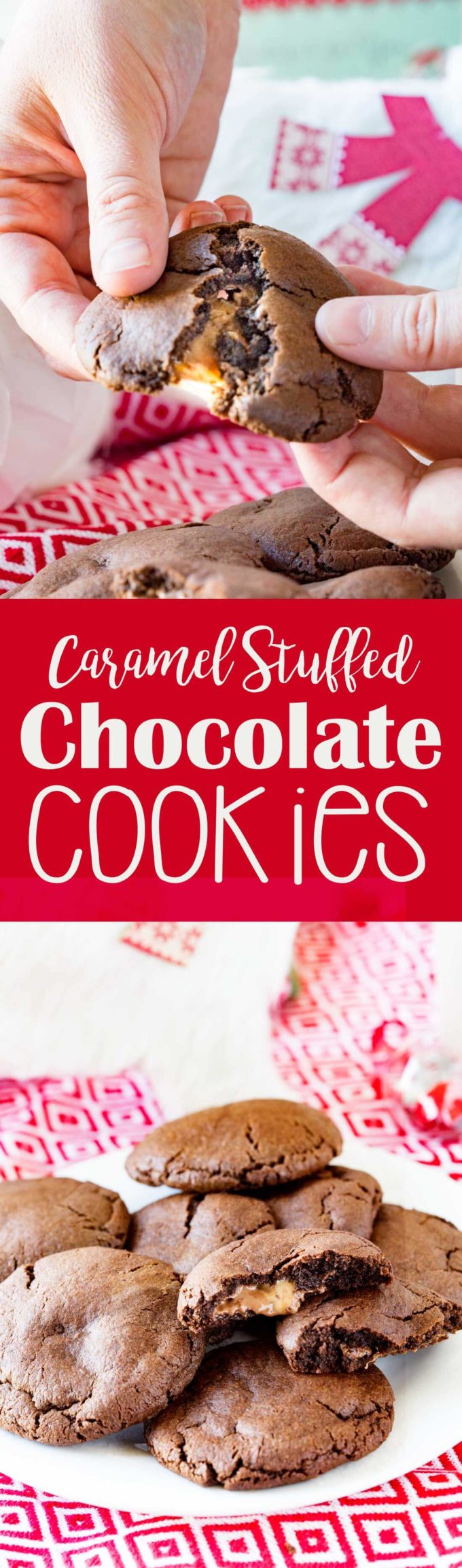 Carmel Stuffed Chocolate Cookies make a great Santa cookie. They are tasty, fun, and help make the holidays bright. you will be anxious to sink your teeth into these chocolatey cookies with a carmel surprise.