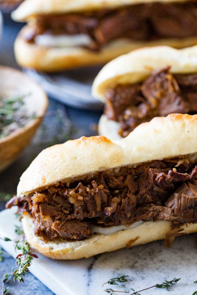 French Dip Slow Cooker: Best French Dip ever!! Delectable, tender, and flavorful beef, wrapped in melted cheese in a French Demi Baguette.