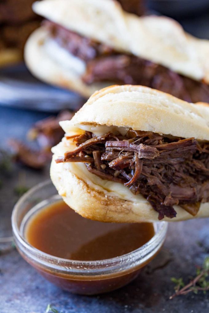 French Dip Crock Pot Recipe: Best French Dip ever!! Delectable, tender, and flavorful beef, wrapped in melted cheese in a French Demi Baguette.