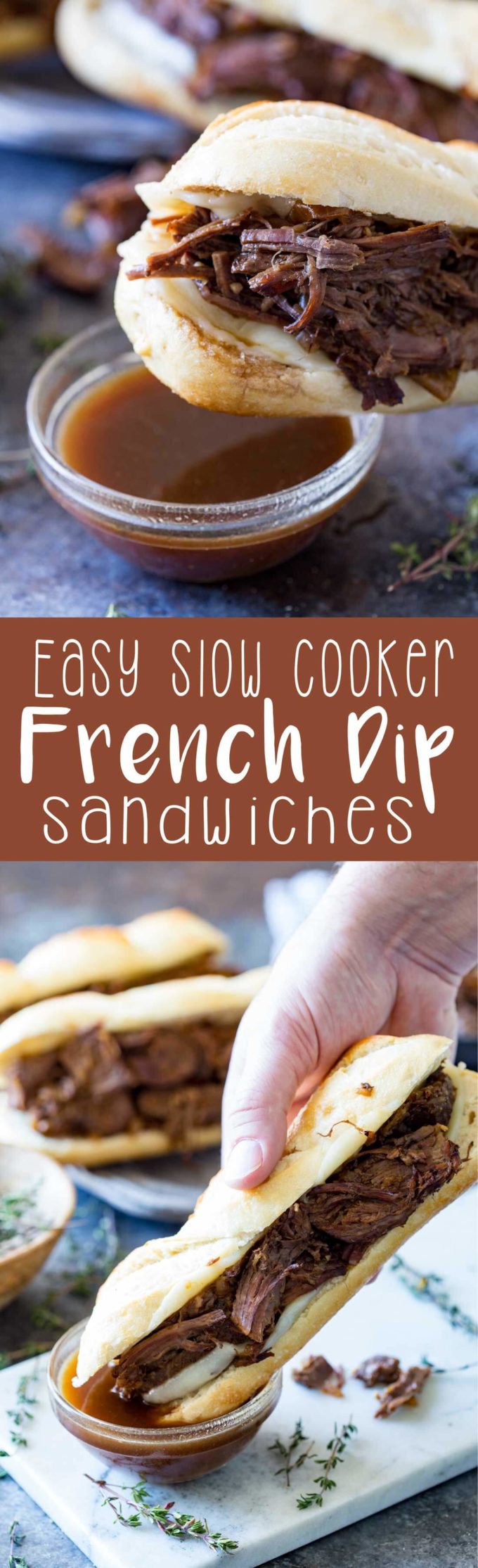 French dip sandwich prepared in a slow cooker for the most tender, most flavorful, most delicious sandwich you have ever eaten. 