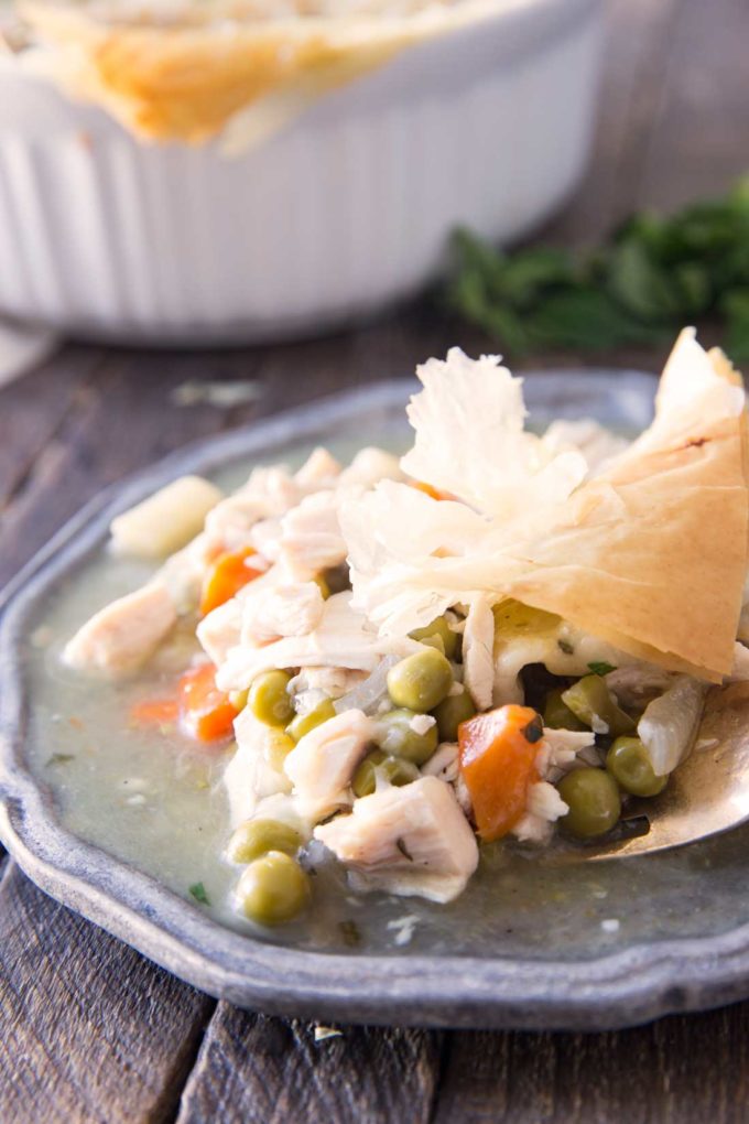 Hearty, delicious, and low calorie, this lightened up chicken pot pie has it all