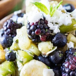 A pina colada fruit salad with beauty greens