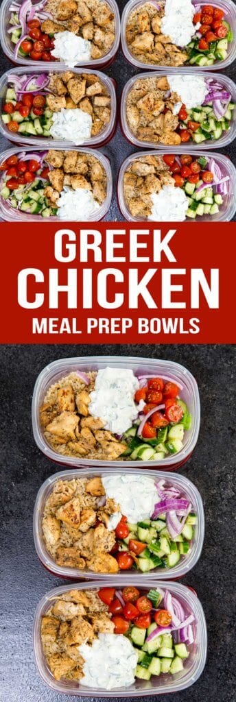 Greek Chicken: Insanely delicious Greek Chicken bowl recipes. Greek Marinated Chicken, cucumber salad, tzatziki, red onion, and tomato, served over brown rice. These are quick and easy to make, and will help you be set for the week.