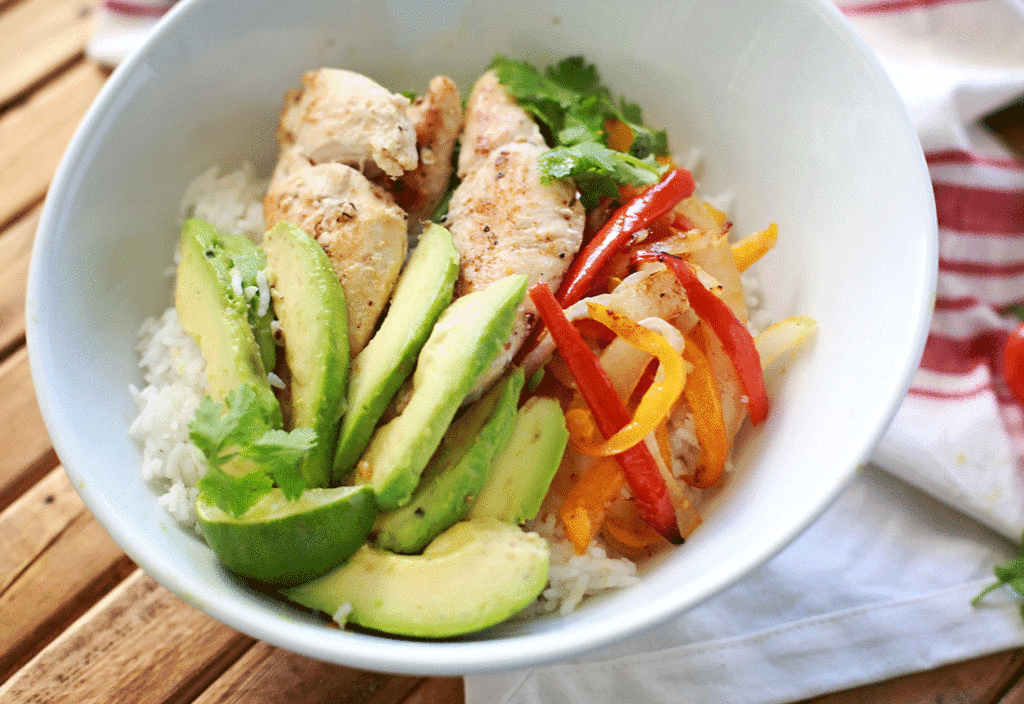Avocado and Chicken bowl made with sheet pan roasted chicken