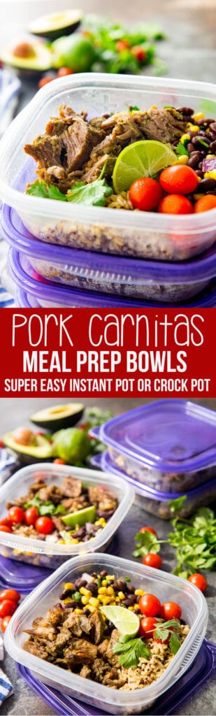 Pork Carnitas meal prep bowls can be made in the slow cooker or instant pot