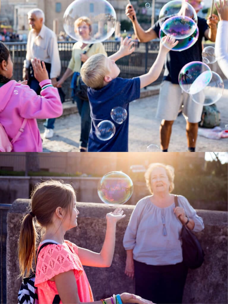 Kids chasing bubbles in Rome