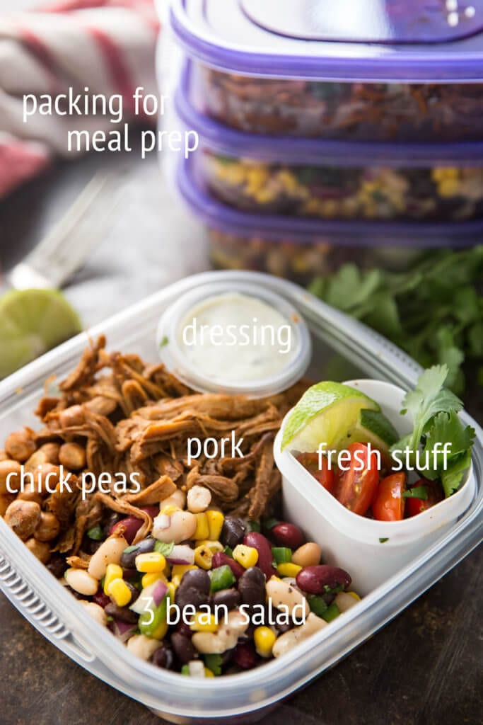 Meal prep bowls are so fun and easy, this one is protein packed and full of pork, bean salad, and more