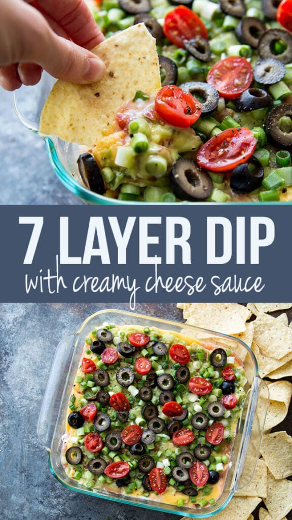 Classic 7 layer dip with a fun twist of pourable cheese! 