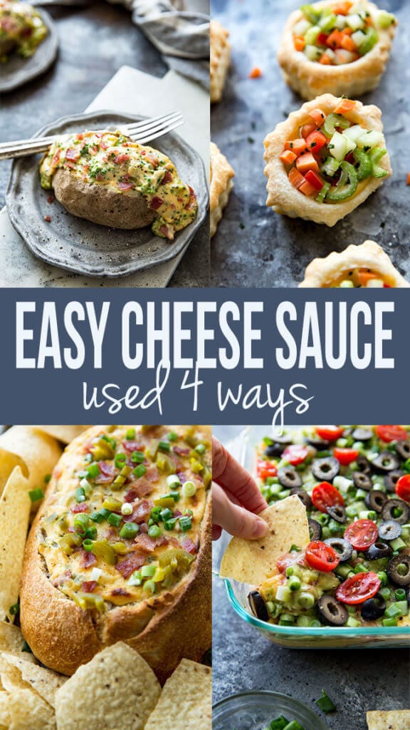 Easy Cheese Sauce used 4 ways. This pourable cheese sauce is made with real cheese and is versatile and delicious