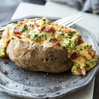 Easy Broccoli bacon cheese sauce perfect for serving over baked potatoes
