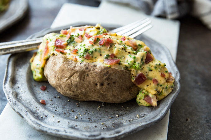 Easy Broccoli bacon cheese sauce perfect for serving over baked potatoes