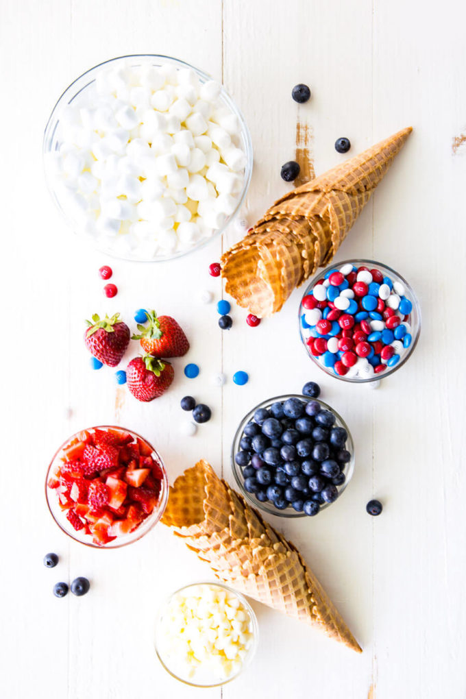 Campfire cones, waffle cones filled with marshmallows, fruit, and chocolate, and cooked in a campfire or oven. 