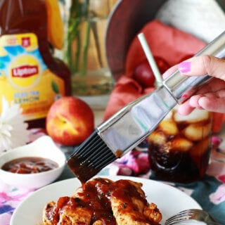 Easy peach BBQ sauce over grilled chicken