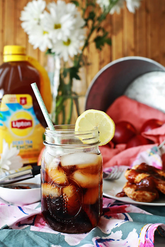 sweet iced tea with grilled chicken in an easy peach bbq sauce