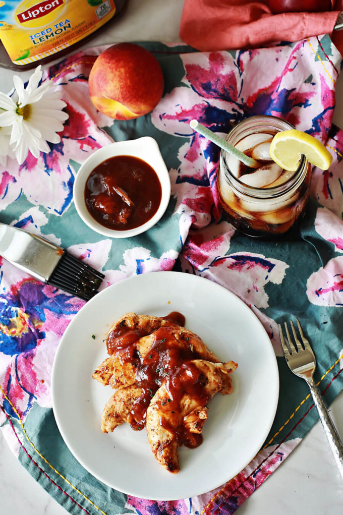 Easy peach BBQ sauce over grilled chicken