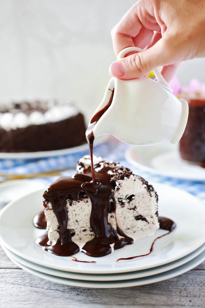 Chocolate Hazelnut Hot Fudge Sauce on ice cream cake