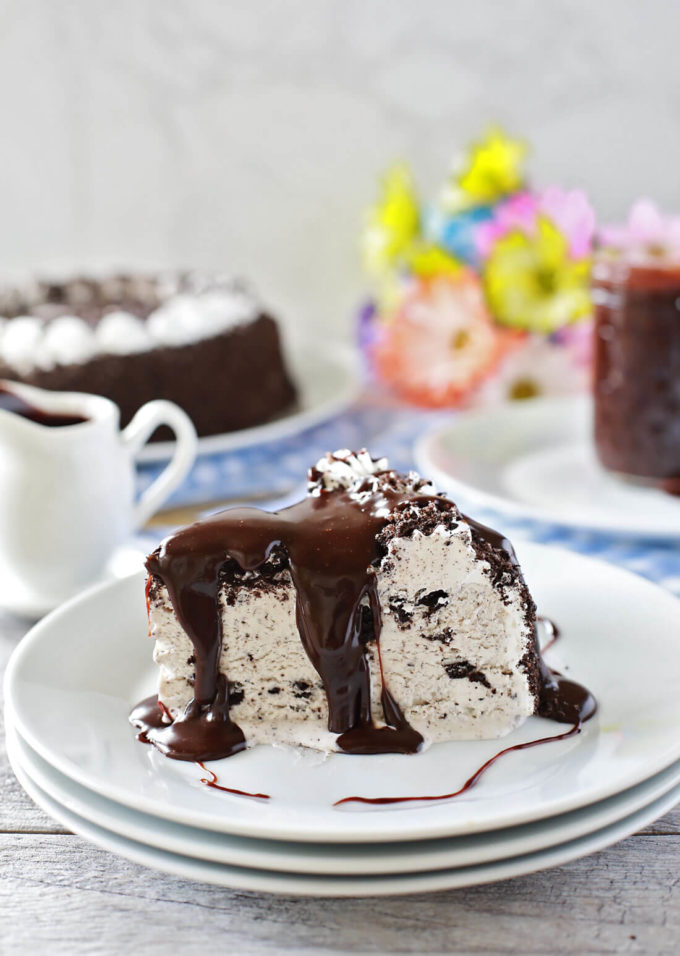 Chocolate Hazelnut Hot Fudge Sauce on ice cream cake