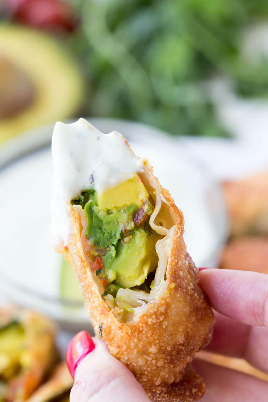 Avocado Eggrolls: Crunchy egg roll wrapper filled with chunks of California Avocados, cilantro, tomatoes, red onion, and roasted red peppers; dipped in a creamy avocado ranch dipping sauce!