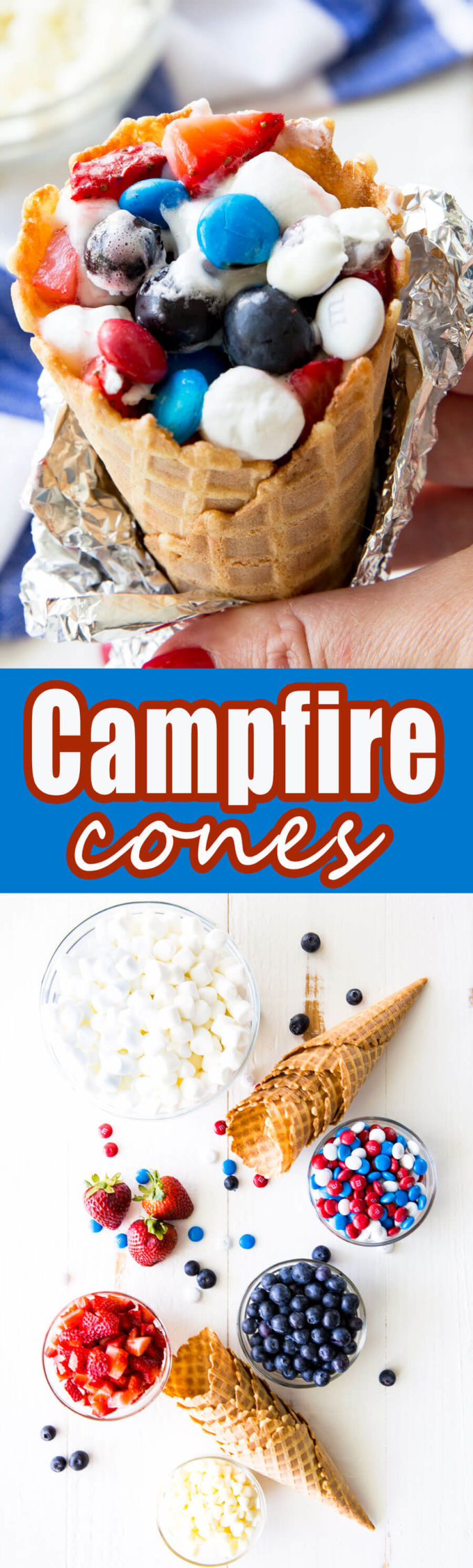 Campfire cones, waffle cones filled with marshmallows, fruit, and chocolate, and cooked in a campfire or oven. 