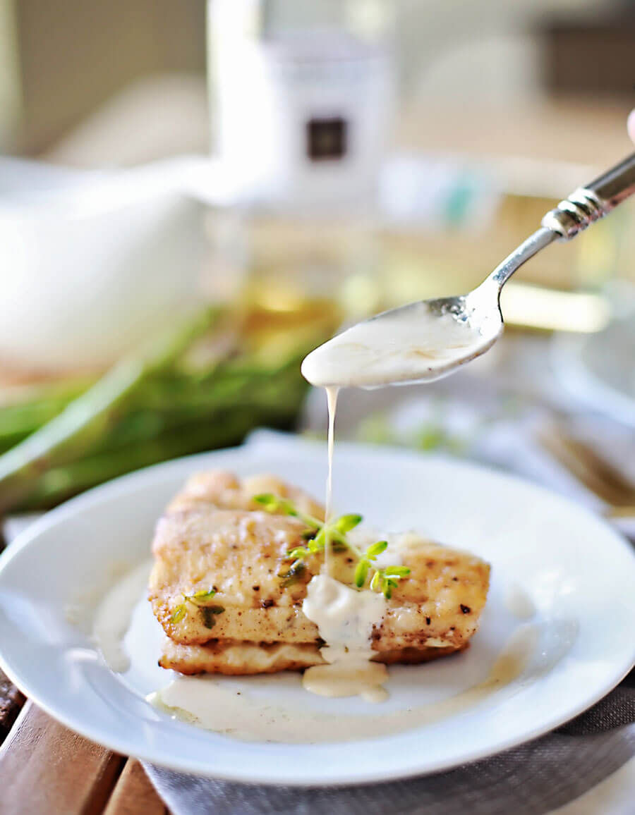 Flaky haddock pan fried, and served with a browned butter white wine sauce