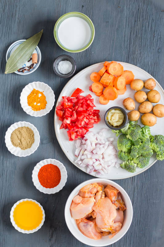 Mixed vegetable chicken curry ingredients