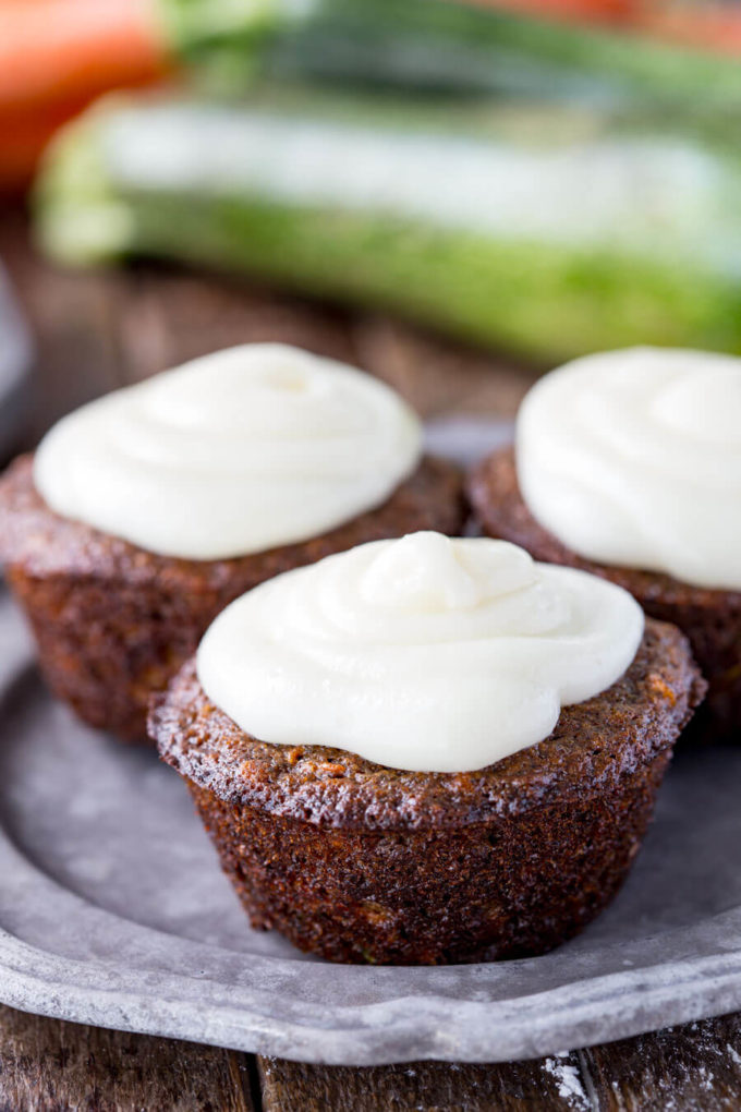 Carrot Zucchini Muffins with a cream cheese frosting that is optional, but makes it even that much more awesome