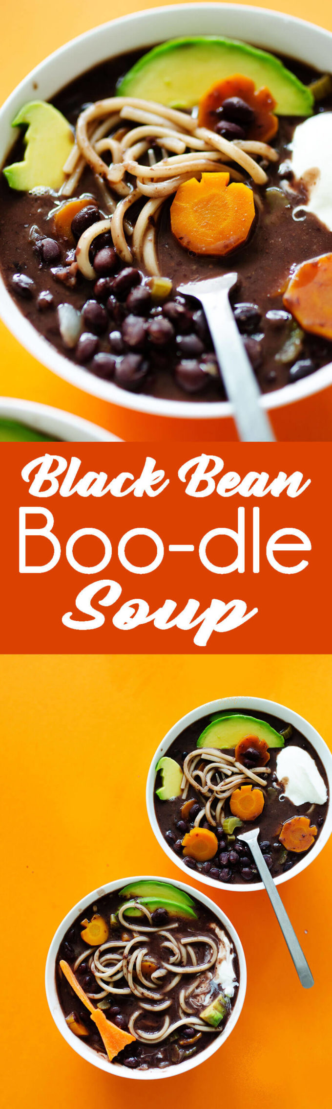 Black Blean Noodle Soup with fun halloween shapes to make it "scary good" soup for Halloween. 