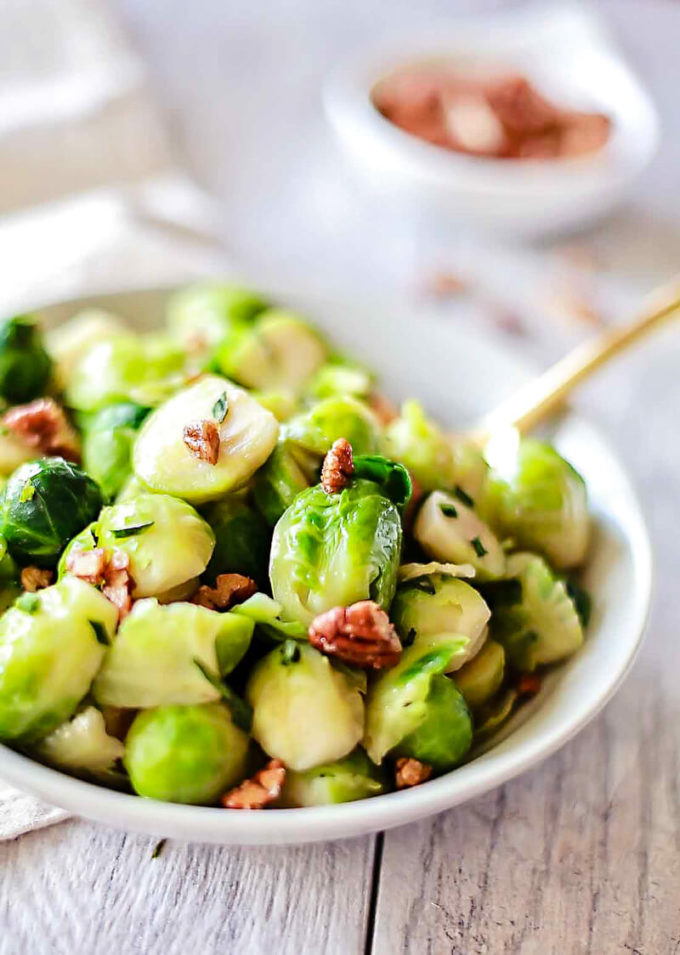 The best brussel sprout recipe with butter glazed and candied pecans added to this simple brussel sprout recipe