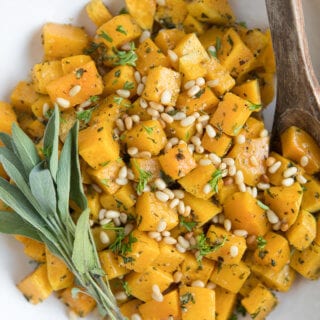 5 Ingredient Oven Roasted Garlic and Herb Butternut Squash with Pine Nuts