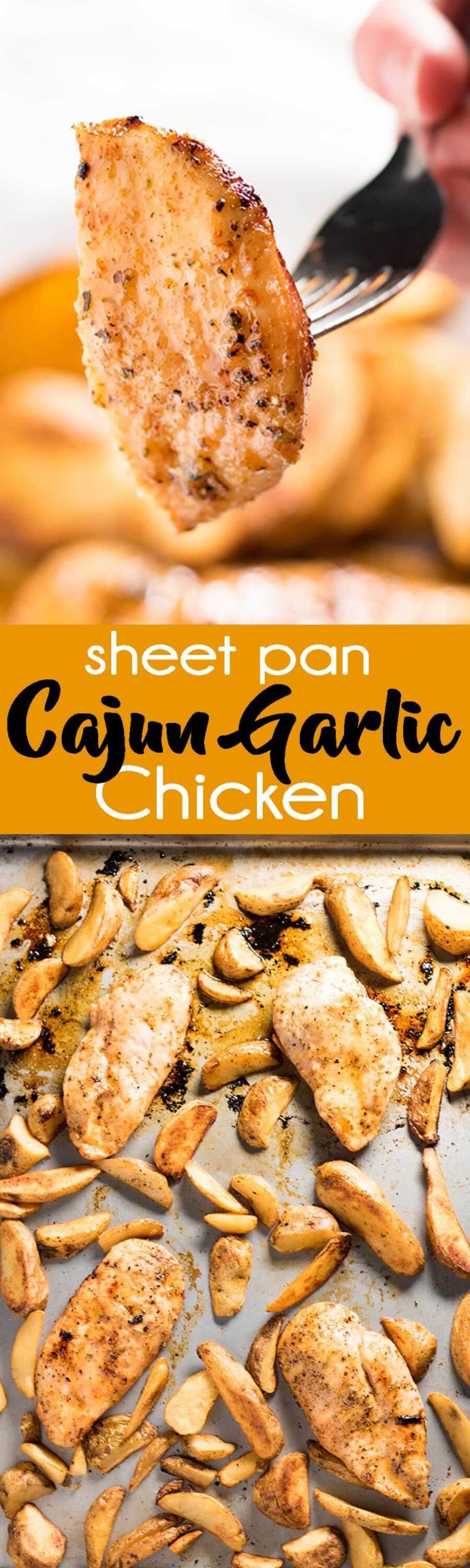  Incredibly flavorful Cajun seasoned chicken and fries makes for a super easy weeknight dinner the whole family will love! This chicken has a delicious Cajun garlic butter sauce slathered on top to keep it juicy in the oven. The seasoned fries cook right along side it on the same pan to keep clean up a breeze!