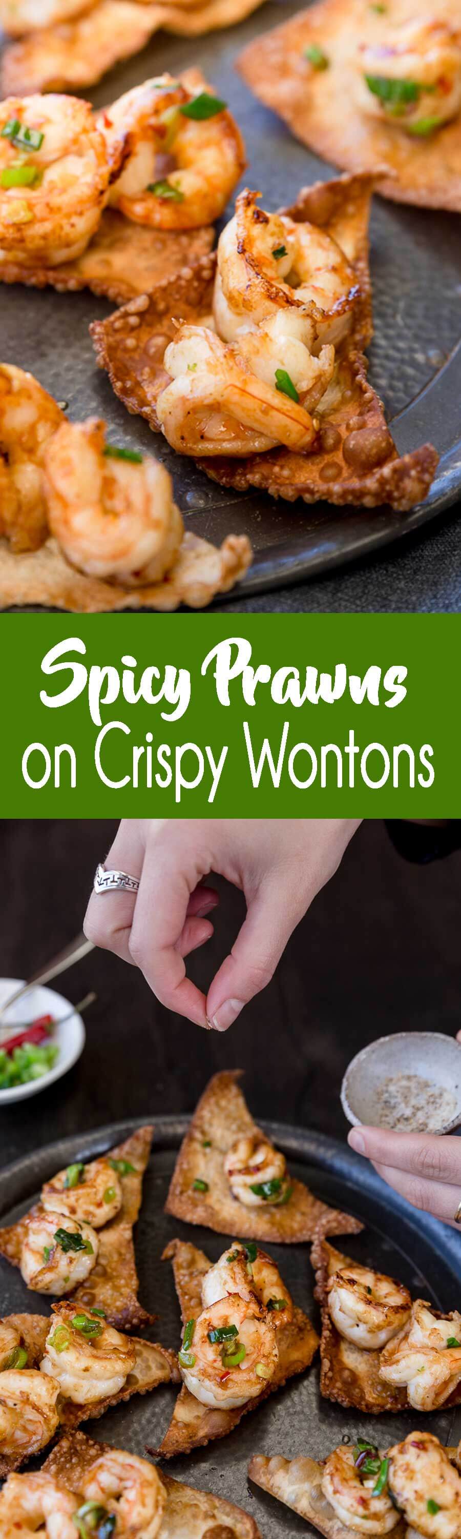 This appetizer always disappears first at parties and football games, spicy prawns on crispy wontons! Our favorite! 