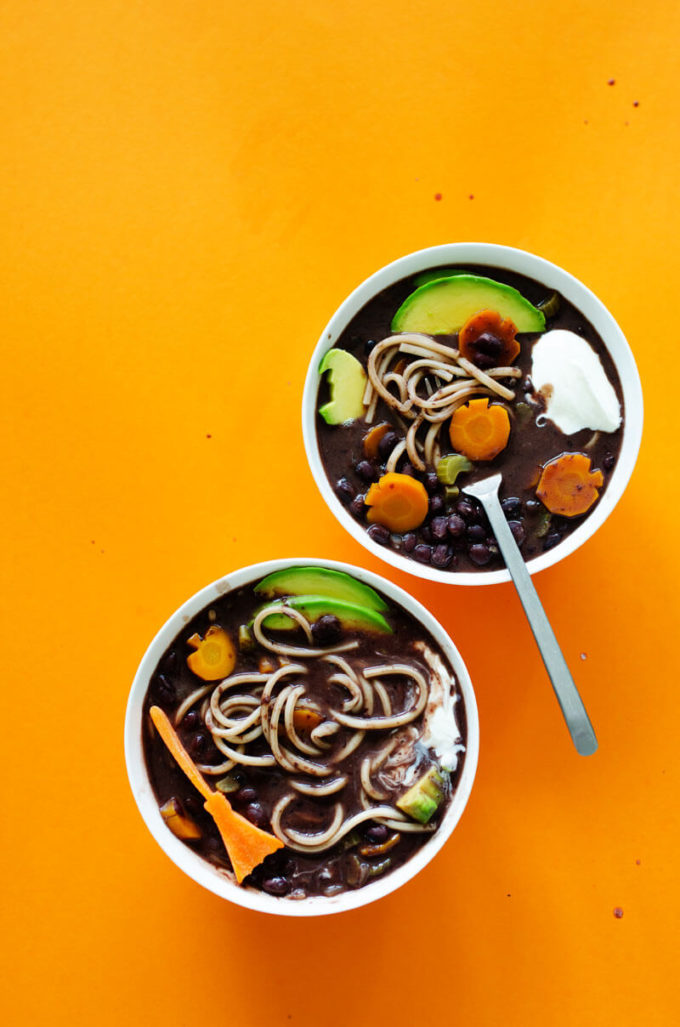 This Black Bean Boo-dle Soup is as spooky as it is delicious! With creamy black beans, flavorful veggies, and thick noodles, it’s the quick and tasty dinner you need to serve up this Halloween.This Black Bean Boo-dle Soup is as spooky as it is delicious! With creamy black beans, flavorful veggies, and thick noodles, it’s the quick and tasty dinner you need to serve up this Halloween.