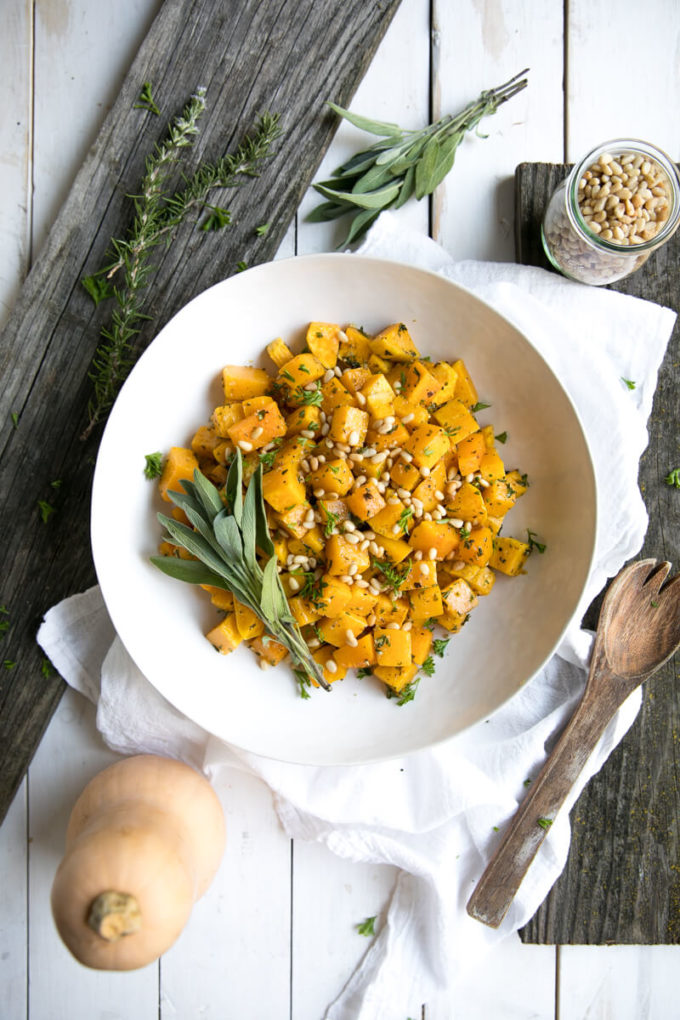 5 Ingredient Oven Roasted Garlic and Herb Butternut Squash with Pine Nuts