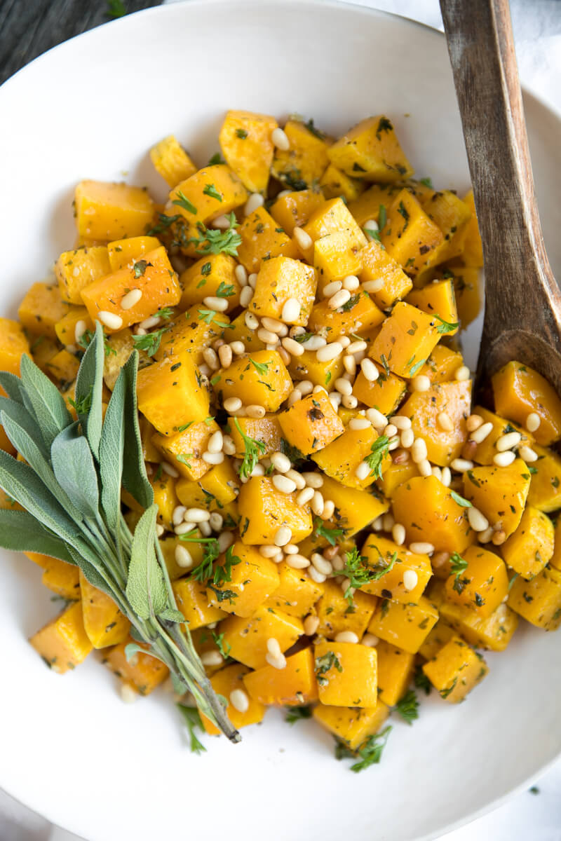 5 Ingredient Oven Roasted Garlic and Herb Butternut Squash with Pine Nuts