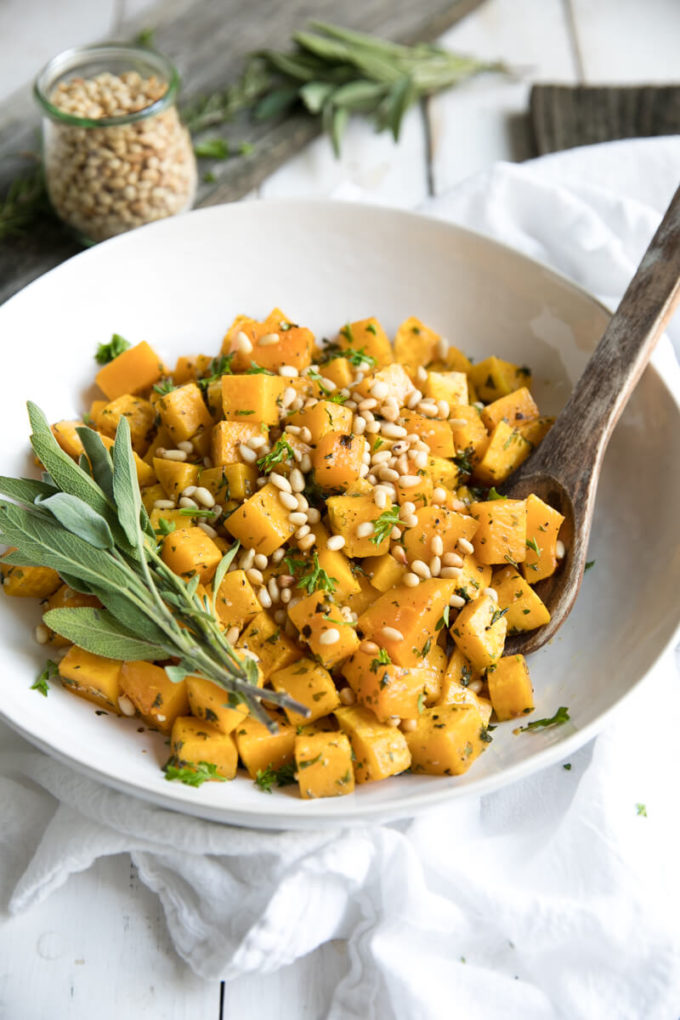 5 Ingredient Oven Roasted Garlic and Herb Butternut Squash with Pine Nuts